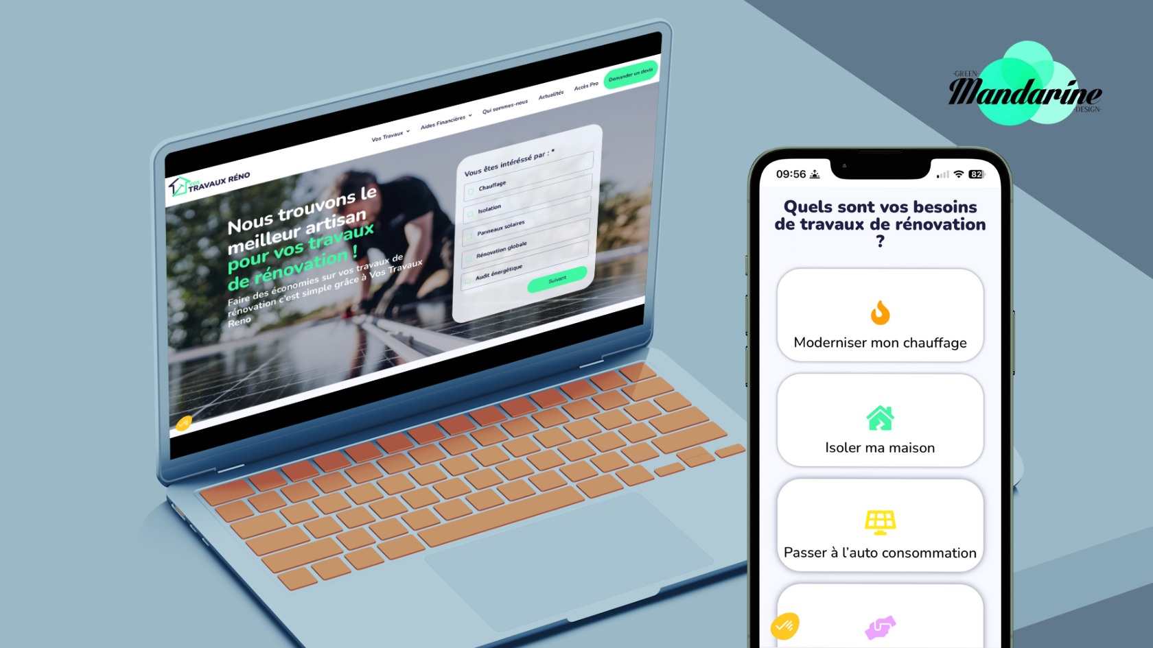 Mockup projet VOS TRAVAUX RÉNO site web desktop et mobile - Green Mandarine