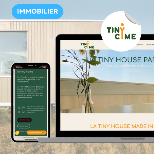 Mockup projet immobilier TINY HOUSE PAR CYME site web desktop et mobile - Green Mandarine