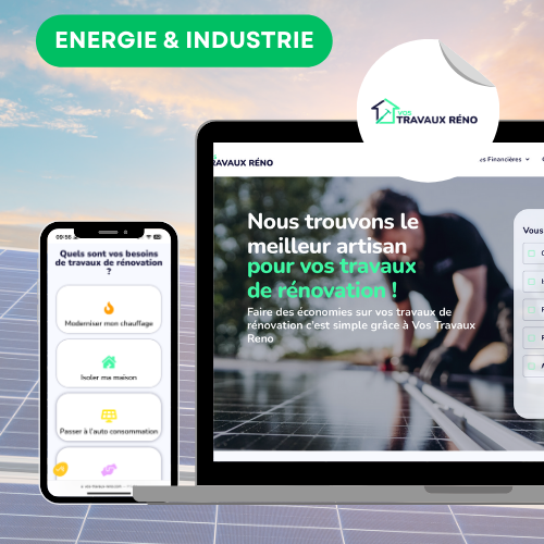 Mockup projet energie et industrie VOS TRAVAUX RÉNO site web desktop et mobile - Green Mandarine
