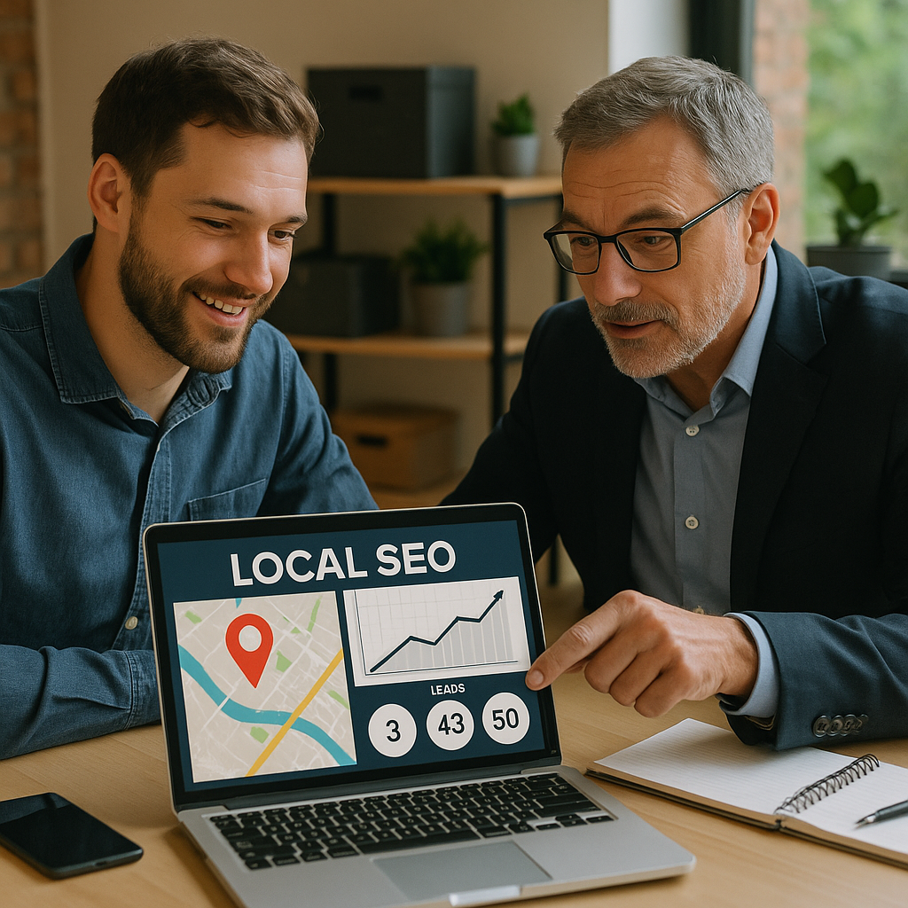 Illustration générée pour l’article : Comment j’ai aidé un client à passer de 3 leads par mois à 50 grâce au SEO local