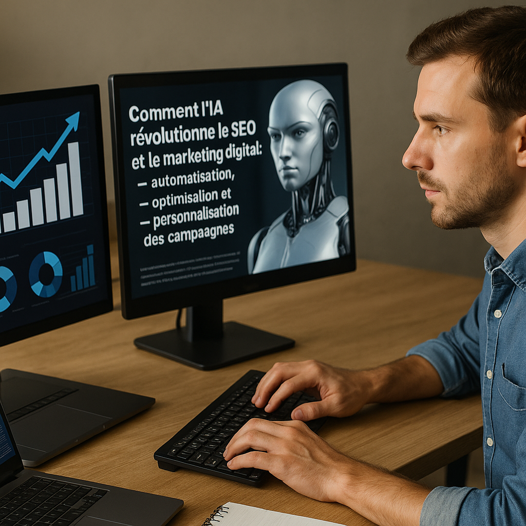 Illustration générée pour l’article : Comment l’IA révolutionne le SEO et le marketing digital : automatisation, optimisation et personnalisation des campagnes
