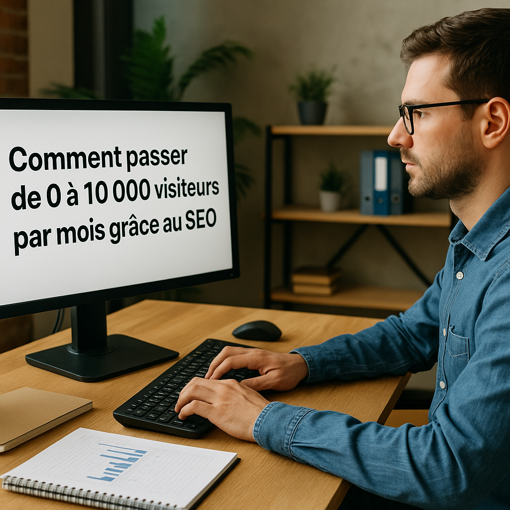 Illustration générée pour l’article : Comment passer de 0 à 10 000 visiteurs par mois grâce au SEO ?