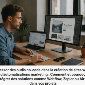 Illustration générée pour l’article : L’essor des outils no-code dans la création de sites web et d’automatisations marketing : Comment et pourquoi intégrer des solutions comme Webflow, Zapier ou Airtable dans vos projets