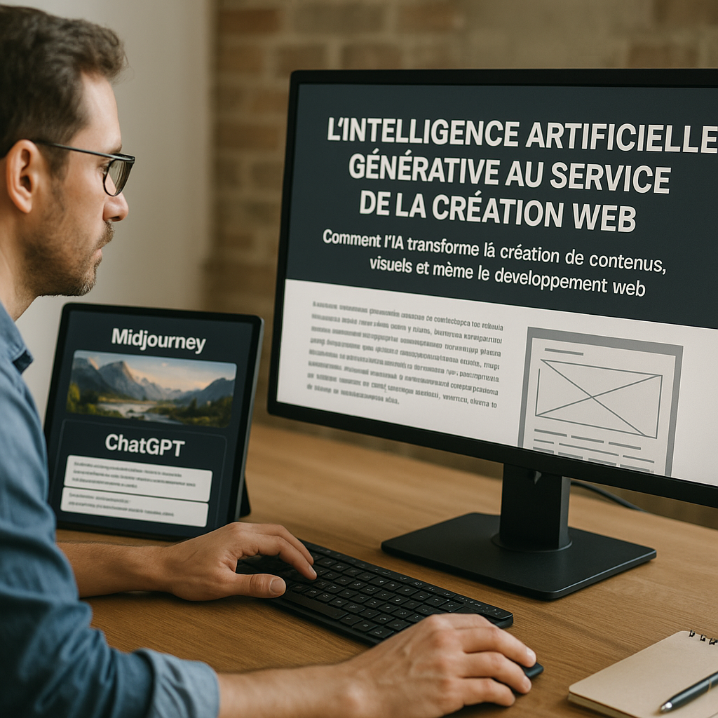 Illustration générée pour l’article : L’intelligence artificielle générative au service de la création web : comment l’IA transforme la création de contenus, visuels, et même le développement web (ex : Midjourney, ChatGPT)