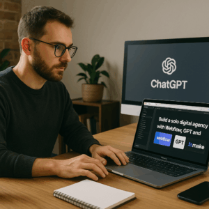 Illustration générée pour l’article : Construire une agence digitale solo grâce à Webflow, GPT et Make
